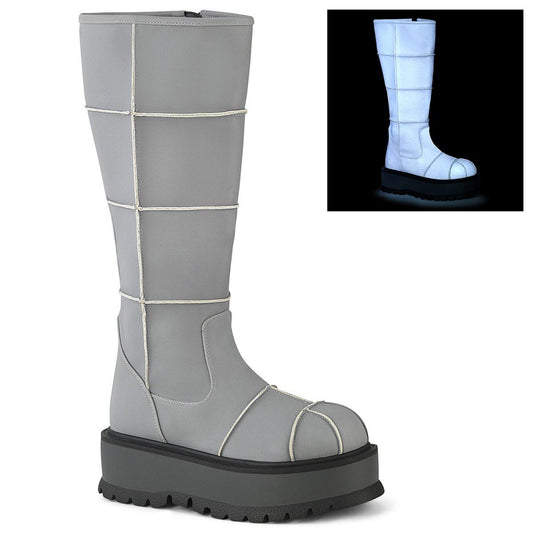 SLACKER-230 Grey Reflective Vegan Leather Knee Boot Demonia