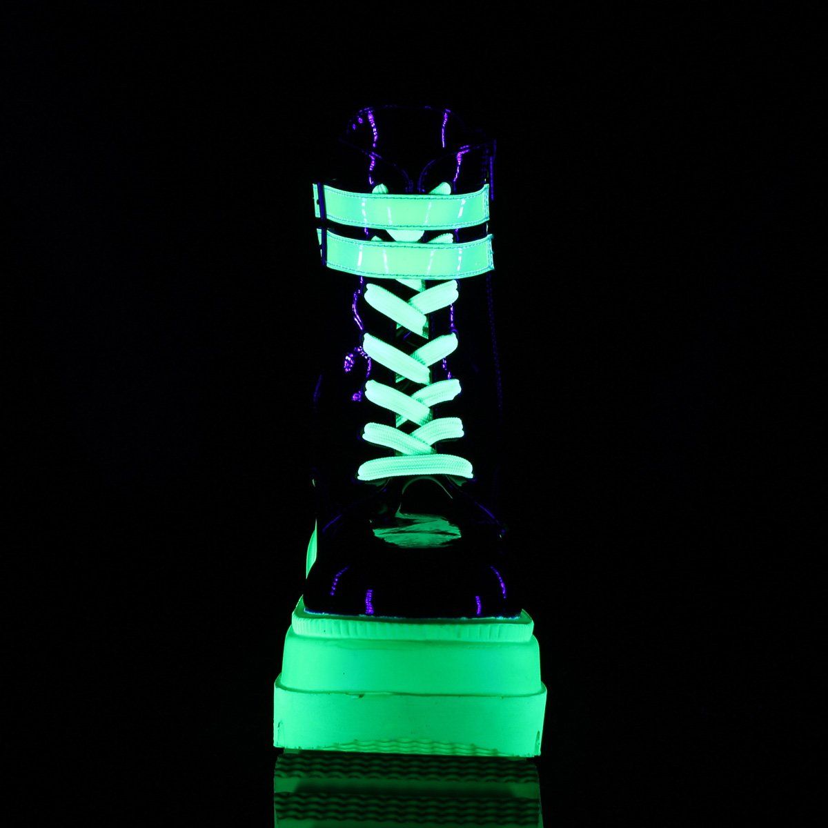 SLACKER-52 Black Patent-UV Iridescent Green Ankle Boot Demonia