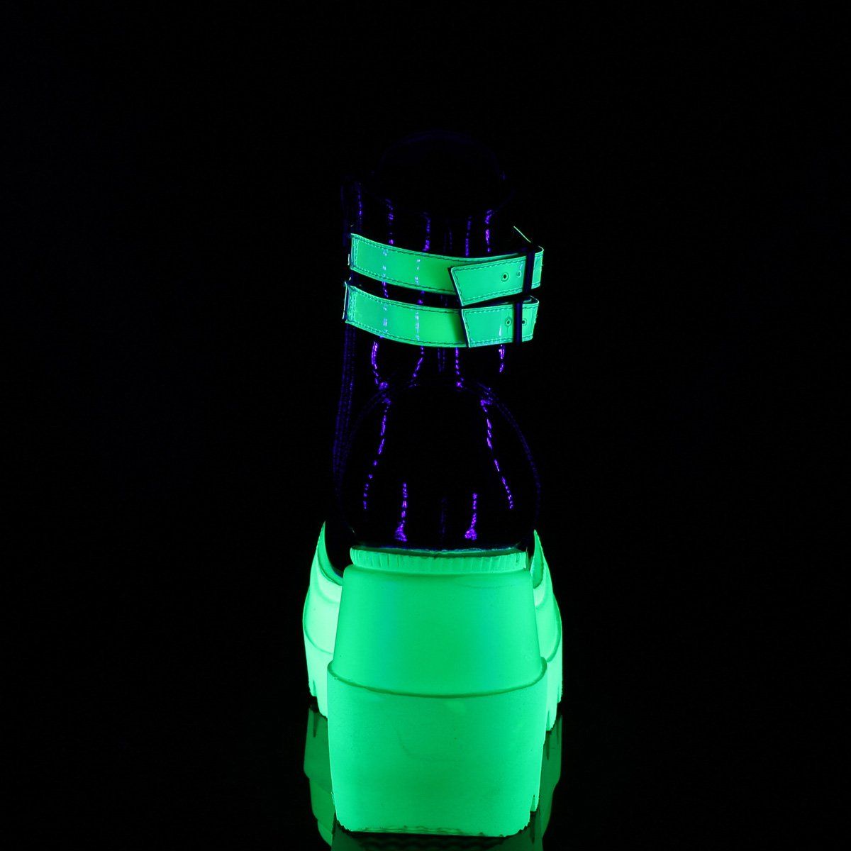 SLACKER-52 Black Patent-UV Iridescent Green Ankle Boot Demonia