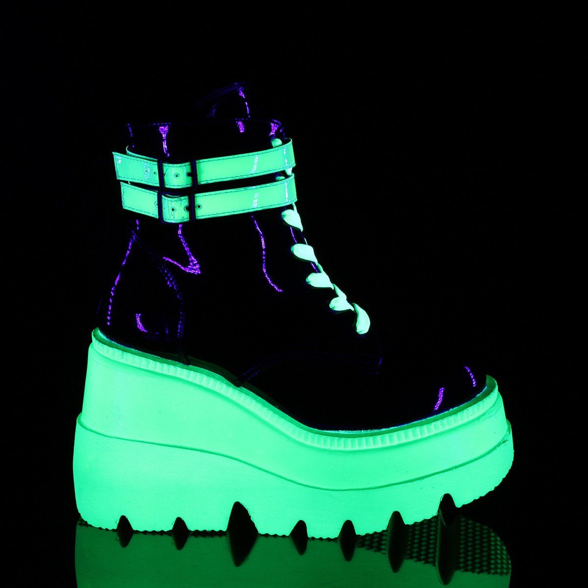 SLACKER-52 Black Patent-UV Iridescent Green Ankle Boot Demonia