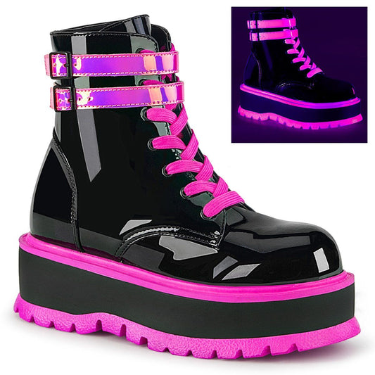 SLACKER-52 Black Patent-UV Iridescent Pink Ankle Boot Demonia