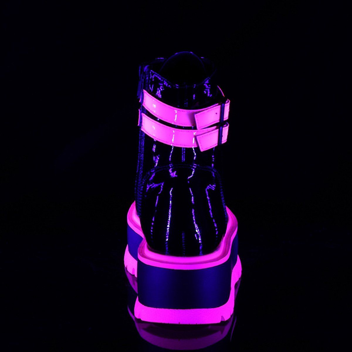 SLACKER-52 Black Patent-UV Iridescent Pink Ankle Boot Demonia