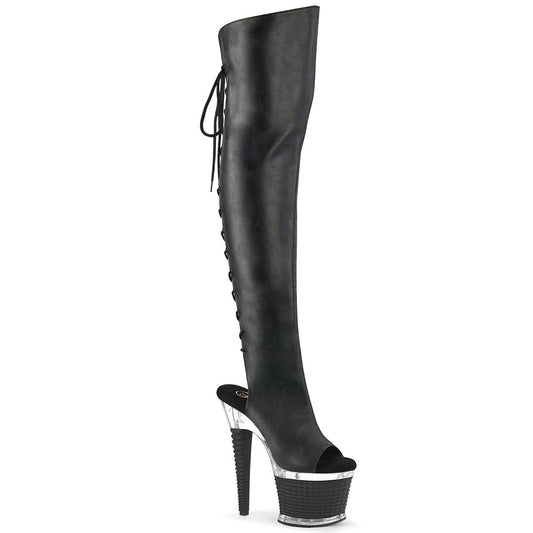 SPECTATOR-3019 Black Faux Leather/Clear Thigh Boot Pleaser