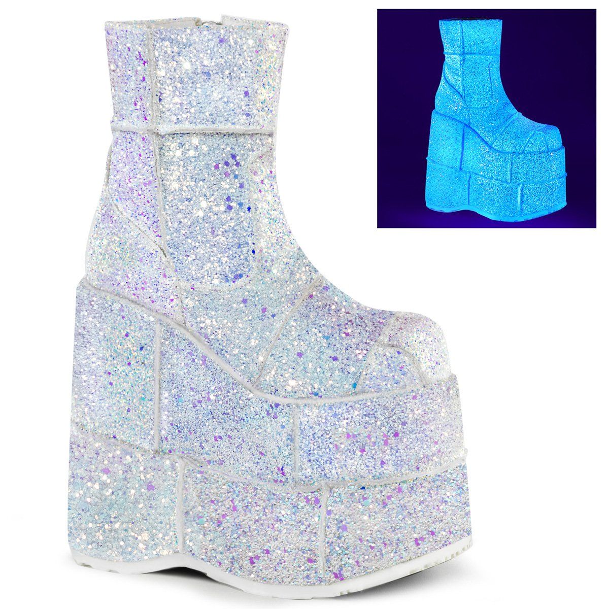 STACK-201G White Multi Glitter Ankle Boot Demonia