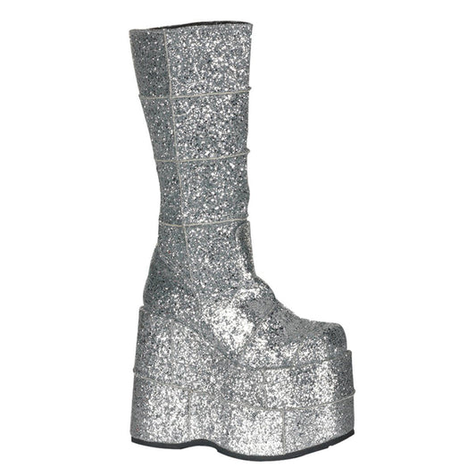 STACK-301G Silver Glitter Knee Boot Demonia