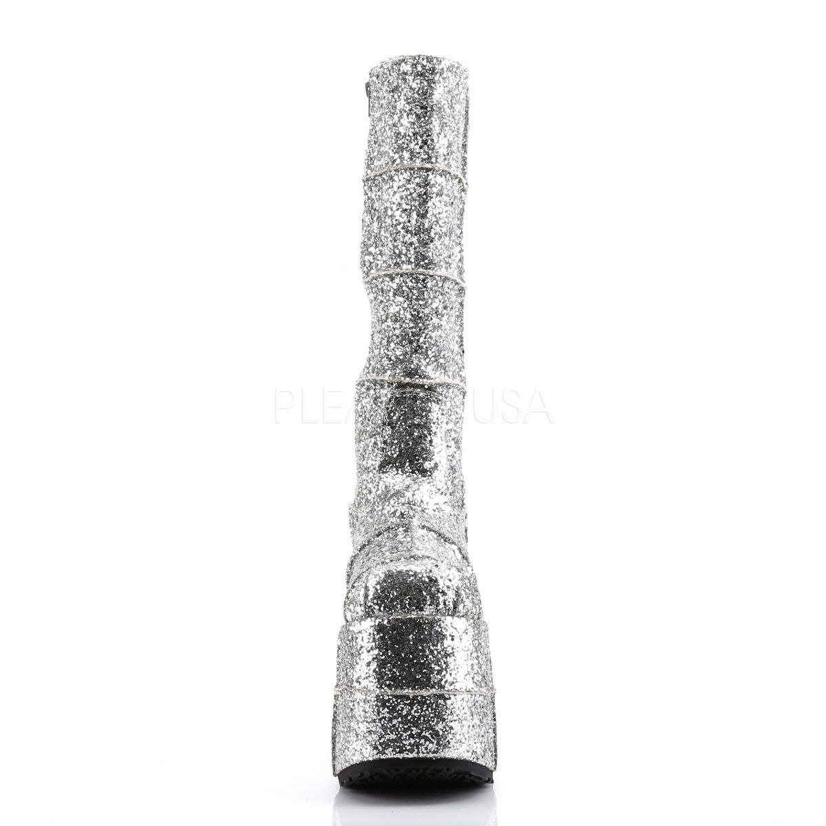 STACK-301G Silver Glitter Knee Boot Demonia