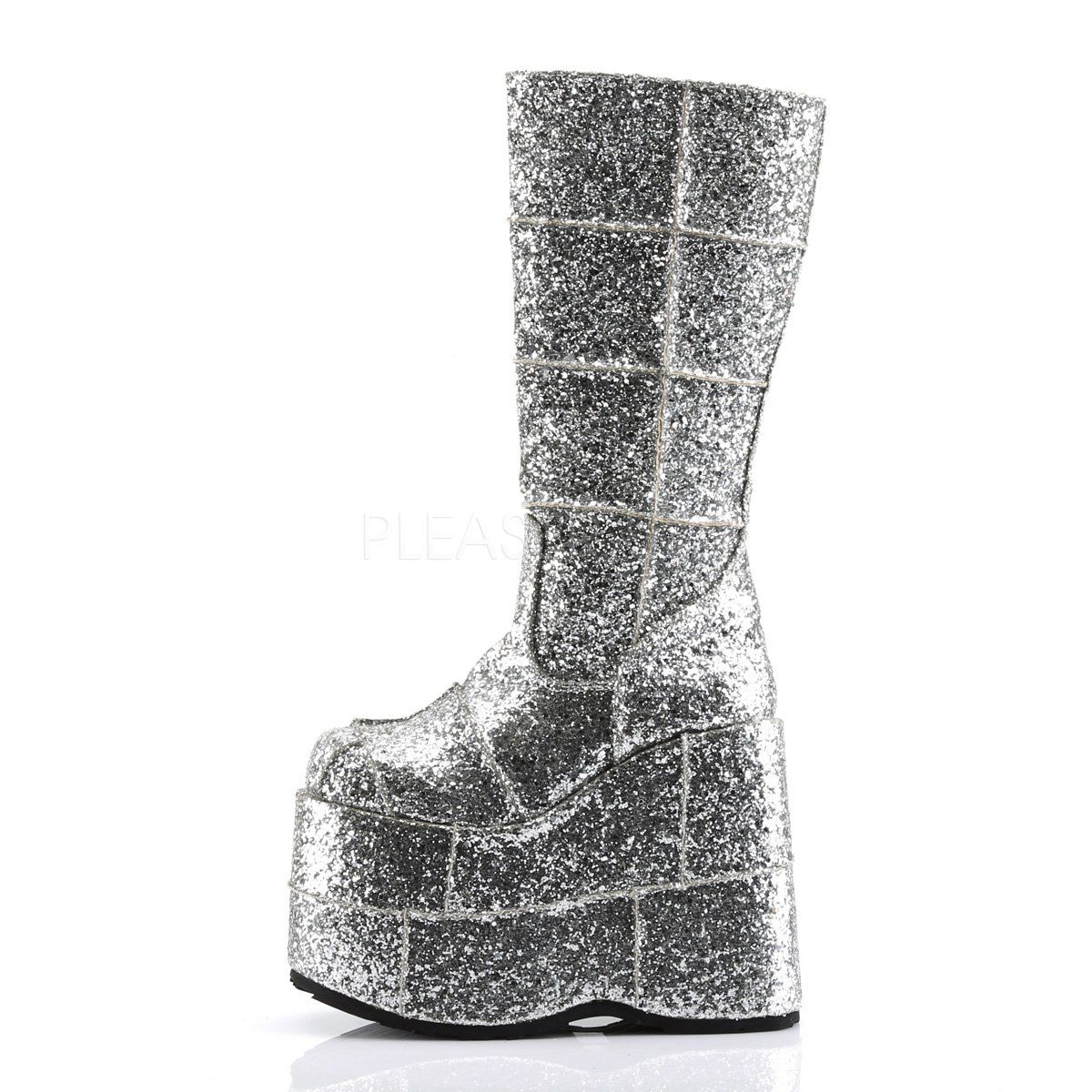 STACK-301G Silver Glitter Knee Boot Demonia