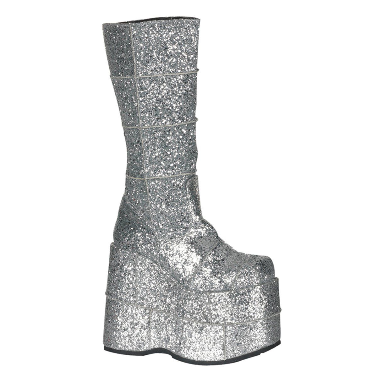STACK-301G Silver Glitter Knee Boot Demonia