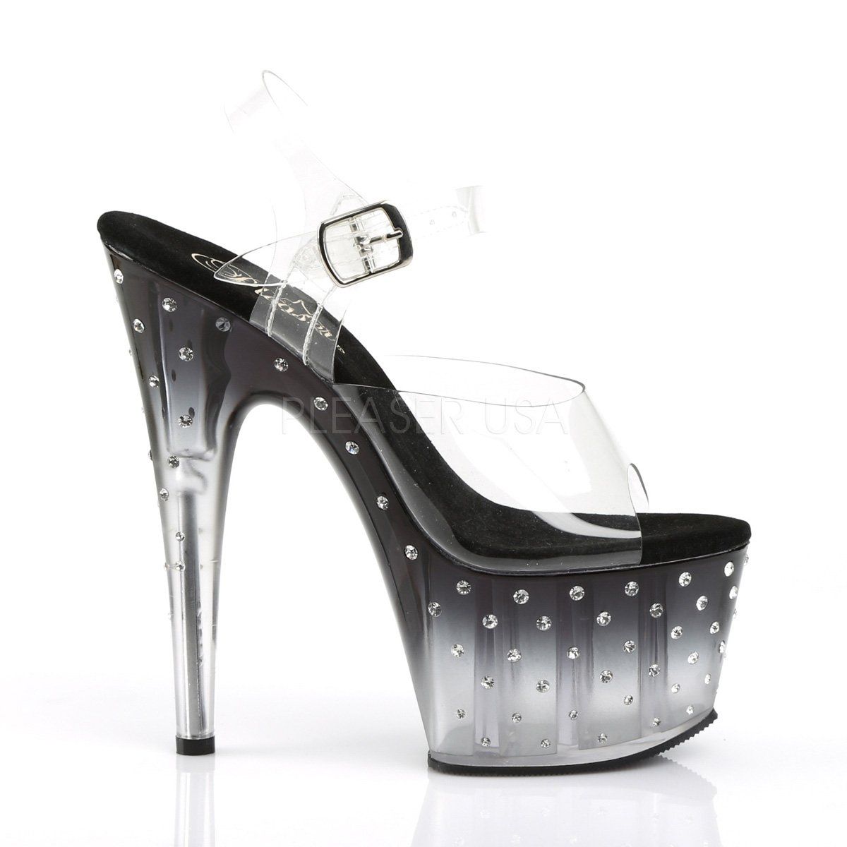 STARDUST-708T Clear/Black-Clear Platform Sandal Pleaser