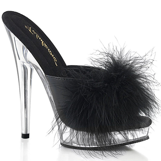 SULTRY-601F Black Pu-Marabou Fur/Clear Fabulicious