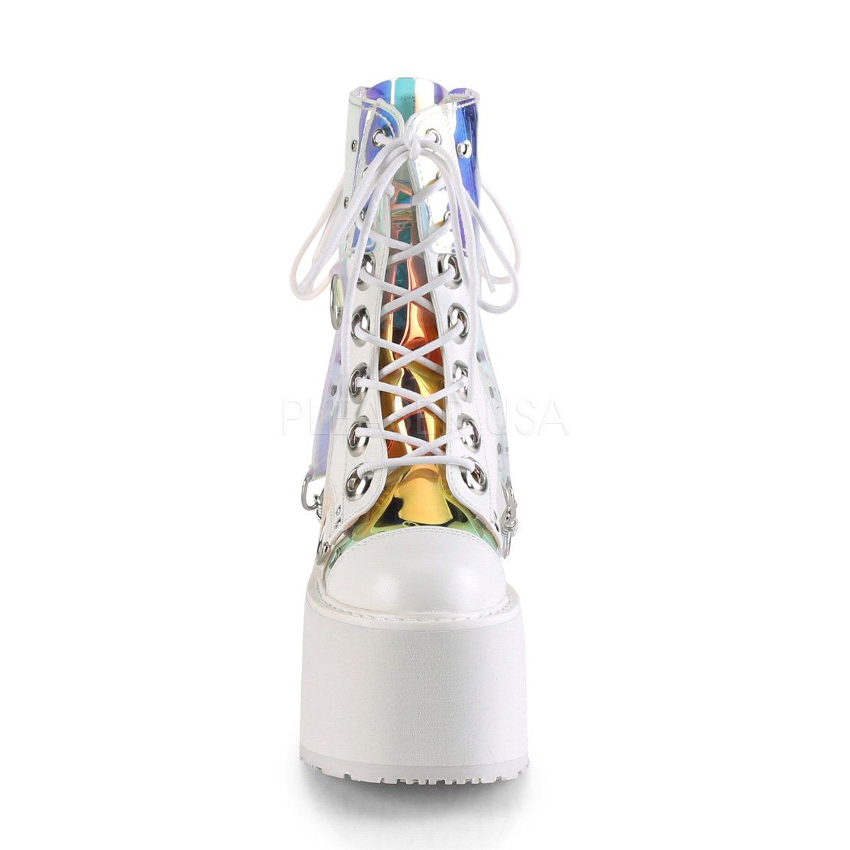 SWING-115 White Vegan Leather-Patent-Magic Mirror TPU Ankle Boot Demonia