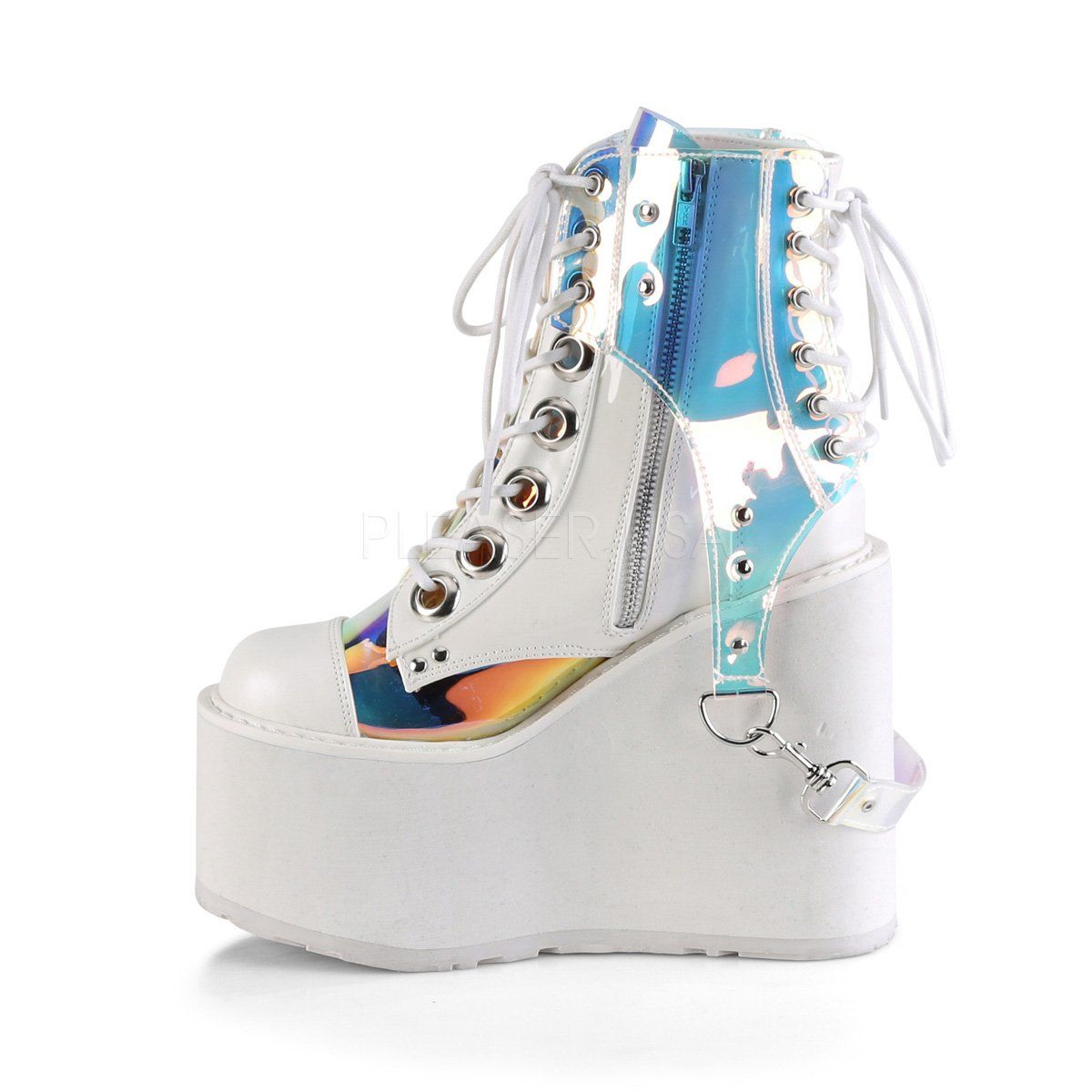 SWING-115 White Vegan Leather-Patent-Magic Mirror TPU Ankle Boot Demonia