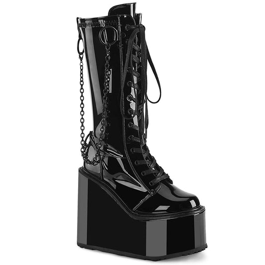 SWING-150 Black Stretch Patent Knee Boot Demonia