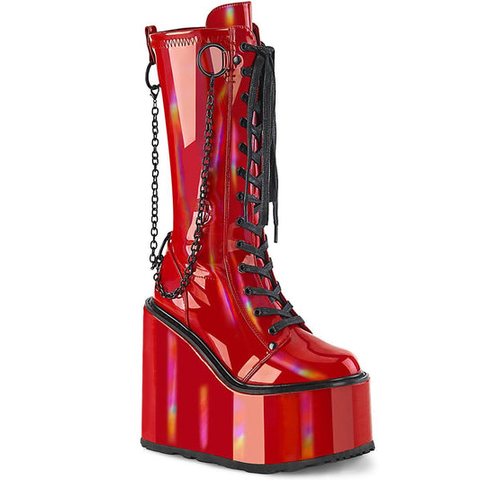 SWING-150 Red Holographic Stretch Patent Knee Boot Demonia