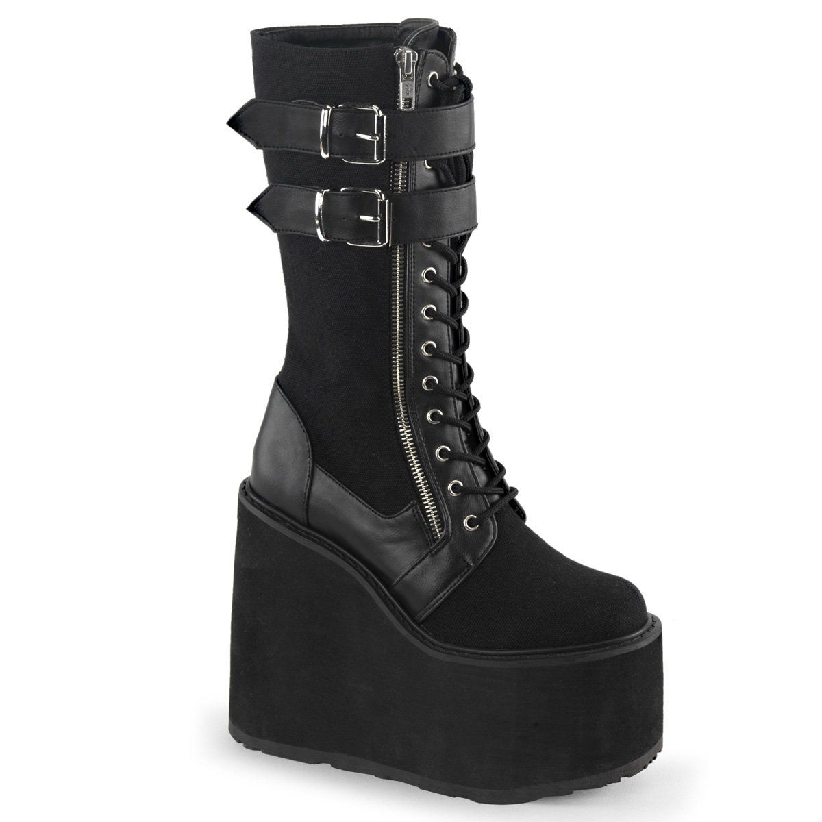 SWING-221 Black Canvas-Vegan Leather Knee Boot Demonia