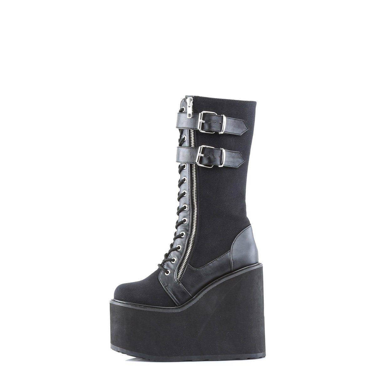 SWING-221 Black Canvas-Vegan Leather Knee Boot Demonia