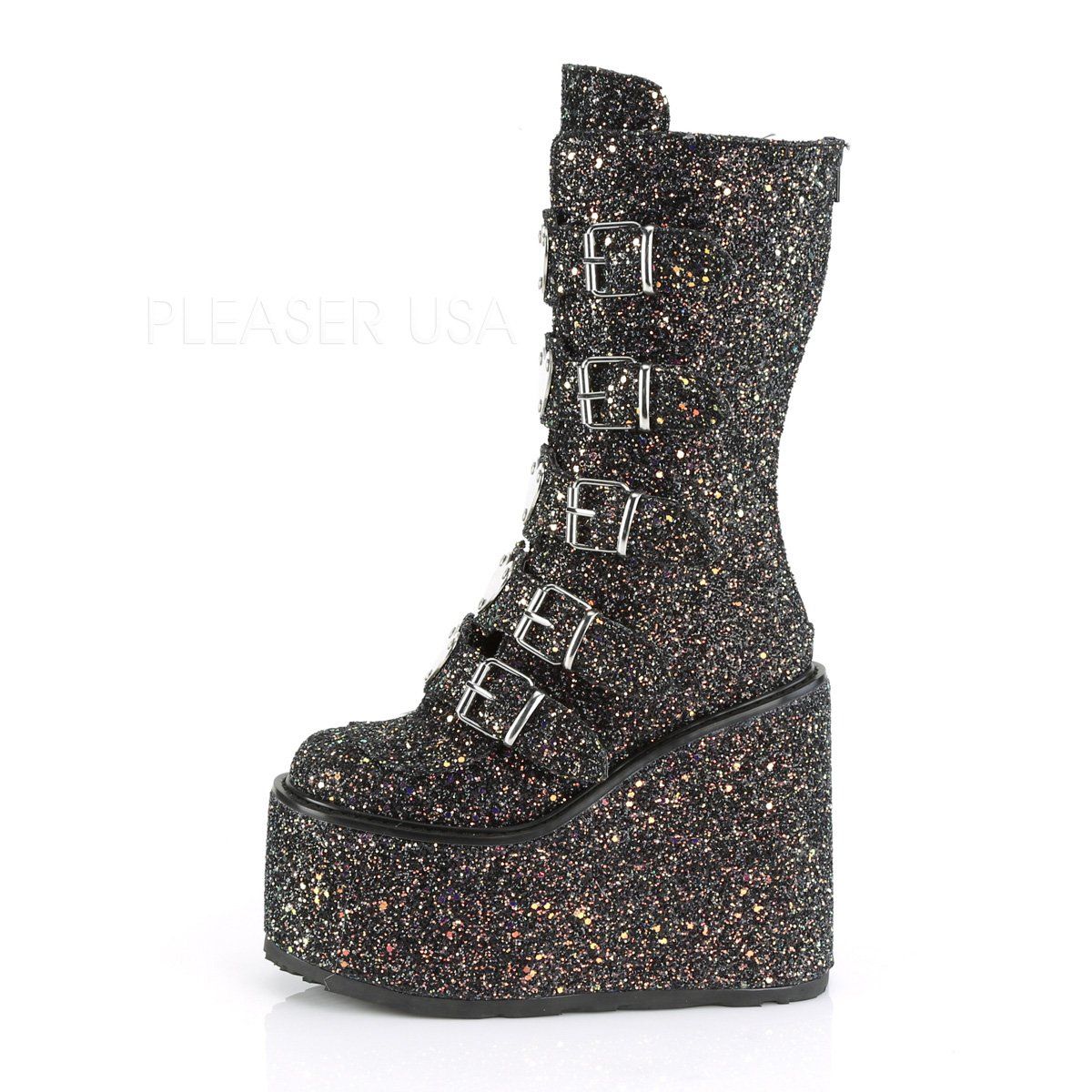 SWING-230G Black Multi Glitter Mid-Calf Boot Demonia