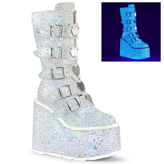 SWING-230G White Multi Glitter Mid-Calf Boot Demonia