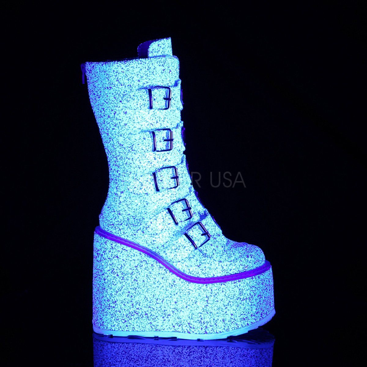 SWING-230G White Multi Glitter Mid-Calf Boot Demonia