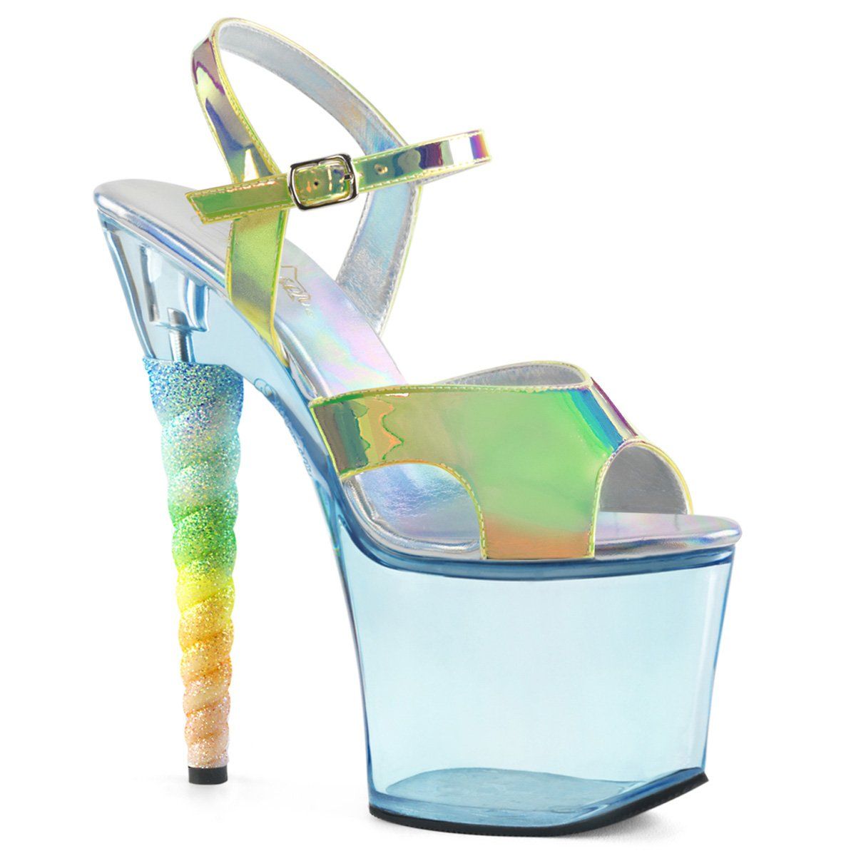 UNICORN-711T Green Shifting TPU/Baby Blue Tinted Platform Sandal Pleaser