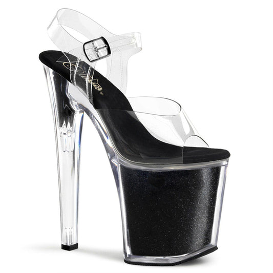 XTREME-808G Clear/Black Glitter Platform Sandal Pleaser